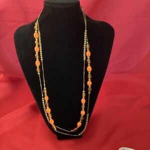 Very long metallic brass and glass beads Necklace